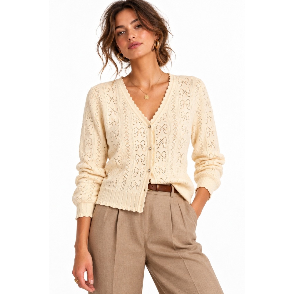 CeCe Sportswear Bow Pointelle V-Neck Cardigan Off-White Large NWT